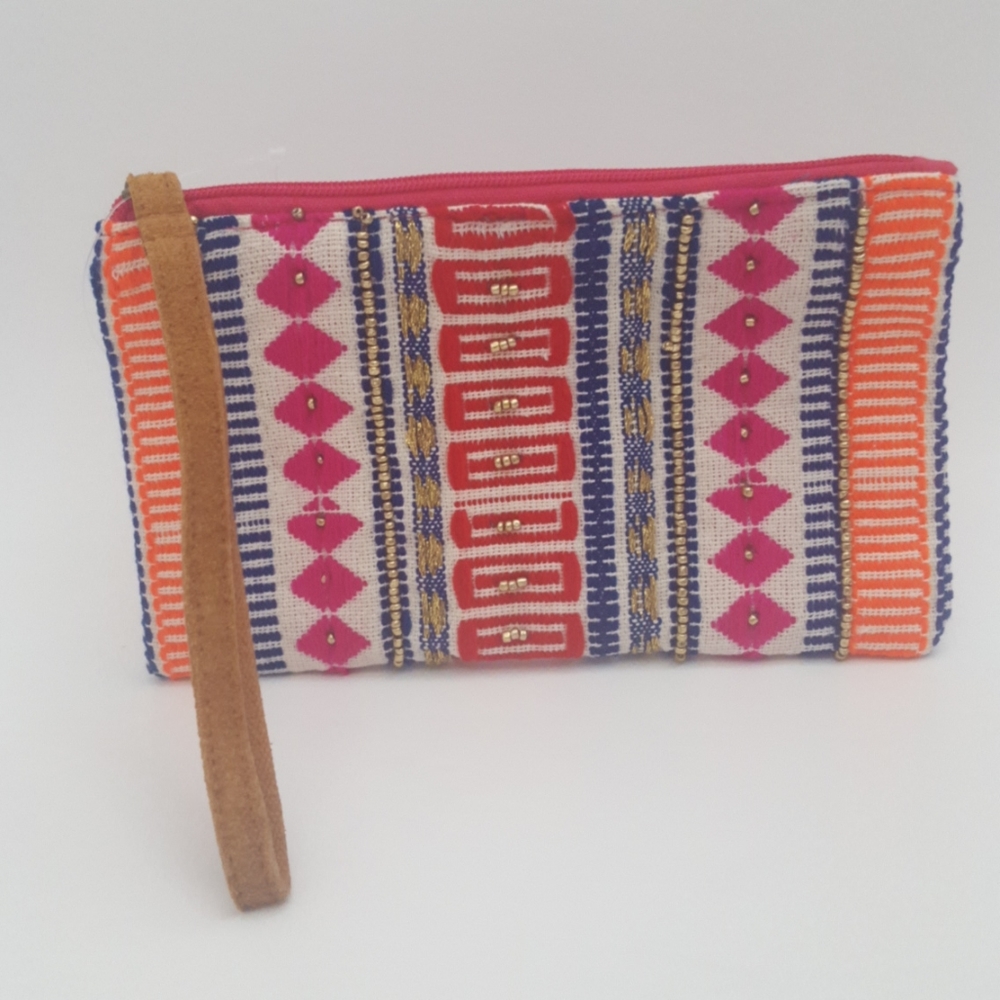 Textile embroidery boho beaded wristlet clutch